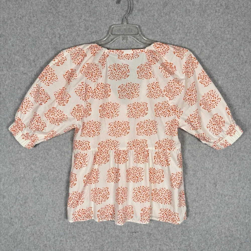 Anthropologie Moglea Womens XS White Orange Cotton Puff Sleeve Ruffle Blouse